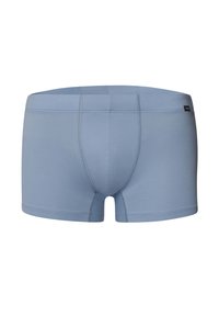 Blå bomullskalsonger med en mjuk textur, åtsittande design och kontrasterande sömmar. Inga logotyper eller mönster förekommer.