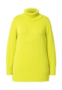 Maglione giallo a collo alto in materiale a maglia a coste, con maniche lunghe e un colletto alto pieghevole per una maggiore protezione dal freddo.