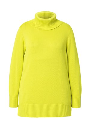 Maglione giallo a collo alto in materiale a maglia a coste, con maniche lunghe e un colletto alto pieghevole per una maggiore protezione dal freddo.