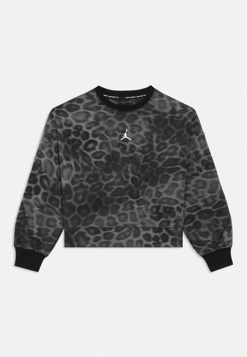 Φούτερ με λεοπάρ μοτίβο σε μαύρο και γκρι, μακρυά μανίκια, ριμπ μανσέτες σε μαύρο χρώμα και το λευκό λογότυπο Jumpman στο κέντρο του στήθους.