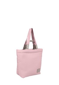 Borsa tote rosa imbottita con manici grigi regolabili e forma rettangolare. Presenta un patch con logo e una texture liscia.