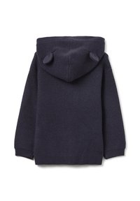 Marineblauer Strick-Hoodie mit strukturierter Oberfläche, ausgestattet mit einer runden Kapuze und zwei markanten Akzentdetails, die an der Oberseite wie Ohren wirken.