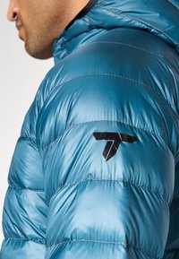 Blue puffer jacket featuring a quilted design, shiny texture, and a black logo on the upper left sleeve. High collar and hood present.