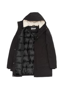 Abrigo acolchado negro con capucha desmontable, que cuenta con un suave cuello forrado de forro polar y un interior negro acolchado.