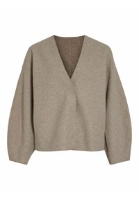 Beige omslagstopp i mjukt tyg med V-ringning, breda ärmar och sömlös design, med en subtil textur och minimal sömnad.