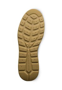 Suola di scarpa in gomma di un beige chiaro, con un motivo di battistrada testurizzato che presenta forme esagonali e rettangolari, e il marchio stampato in rilievo.