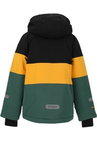 Veste à capuche pour enfant avec blocs de couleur noire, jaune et verte, manches longues, et logo Zigzag réfléchissant sur le bas du dos.