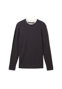 Maglione in maglia a waffle grigio scuro con maniche lunghe e colletto rotondo; presenta un colletto interno bianco a contrasto e dettagli a coste sui polsini e sull'orlo.