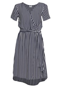 Navy blue wrap dress with white vertical stripes, short sleeves, V-neckline, and a tie waist. Features a curved hem and lightweight fabric.