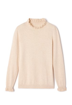 Beige trui met lange mouwen met gestructureerde stippen, ruches aan de col en ruches aan de manchetten, plat liggend op een witte achtergrond.