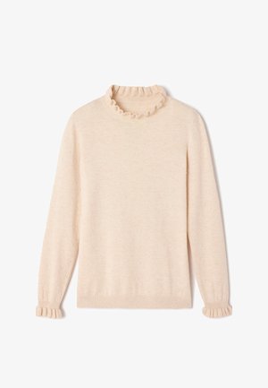 Jersey beige de manga larga con puntos texturizados, cuello vuelto con volantes y puños con volantes, colocado plano sobre fondo blanco.