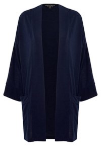 Mörkblå oversized kimono-stil cardigan i mjukt tyg, med vida ärmar och två framfickor. Öppen framsida.
