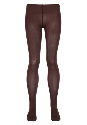 Collants bruns transparents avec une finition lisse, dotés d'une taille haute et de pointes renforcées. Le matériau semble extensible et léger.