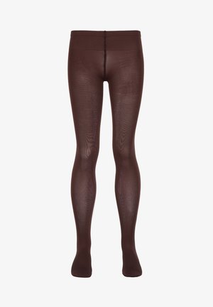 Brązowe, przejrzyste rajstopy o gładkim wykończeniu, z wysokim stanem i wzmocnionymi palcami. Materiał wydaje się rozciągliwy i lekki.