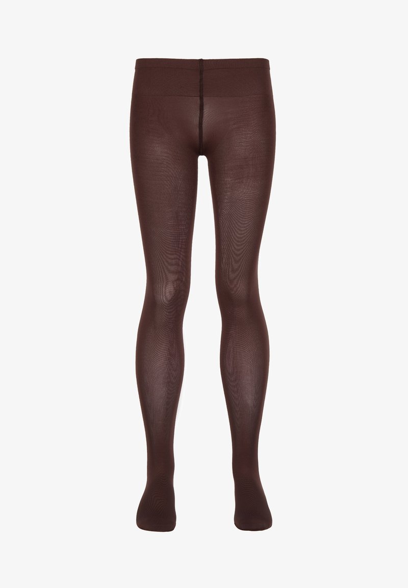 Collant trasparenti marroni con una finitura liscia, dotati di una vita alta e punte rinforzate. Il materiale sembra elastico e leggero.