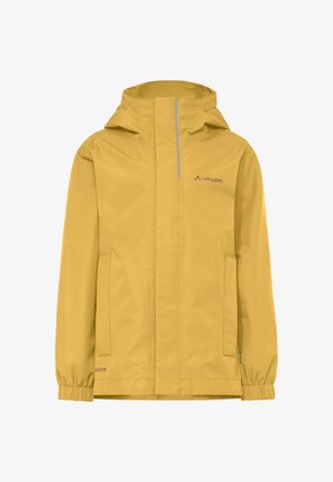 Gelbe wasserdichte Jacke mit Kapuze, Frontreißverschluss, zwei Seitentaschen, elastischen Bündchen und VAUDE-Logo auf der Brust.