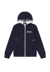 Laivasto sininen huppari, jossa on etuvetoketju, valkoinen sisävuori ja kaksi sivutaskua. Rinnassa on valkoinen "BOSS"-logo.