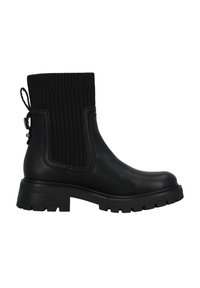 Botas negras de tobillo con un eje de punto texturizado, cuerpo de piel suave, suela de goma gruesa y una lengüeta para ponérselas fácilmente.