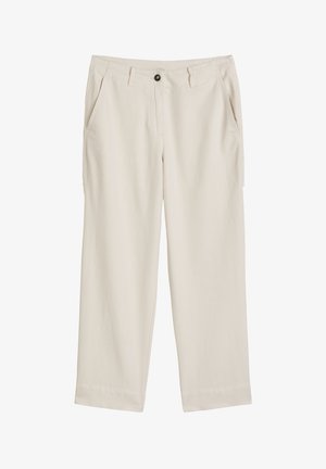 Beige gerade geschnittene Hose mit Gürtelschlaufen, vorderer Knopf- und Reißverschluss sowie zwei seitlichen Taschen.