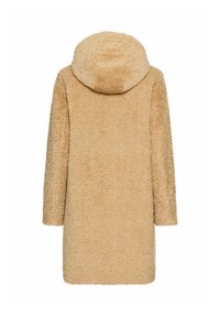 Beige, donzige jas met een capuchon, lange mouwen en een rechte snit. Gemaakt van textiel met een zachte, pluche uitstraling.