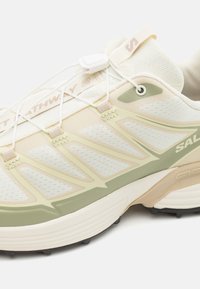 Lekkiego sportowego buta z cholewką z siateczki w kolorze kremowym i jasnej zieleni, z teksturowanymi akcentami, elastycznym systemem sznurowania oraz trwałą gumową podeszwą.