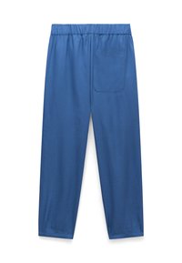 Blue elastic waist pants with a single back pocket, straight legs, and stitched hems, shown on a plain white background.