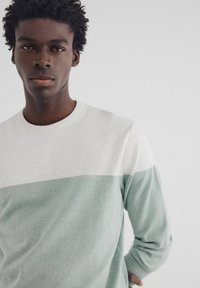 Leichter gestrickter Pullover mit einem weißen oberen Abschnitt und einem weichen grünen unteren Abschnitt, mit einem gerippten Rundhalsausschnitt und langen Ärmeln.