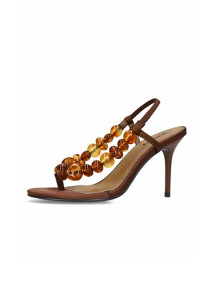 Brown high-heeled sandal with amber-colored bead straps and elastic back strap, open toe, and stiletto heel.