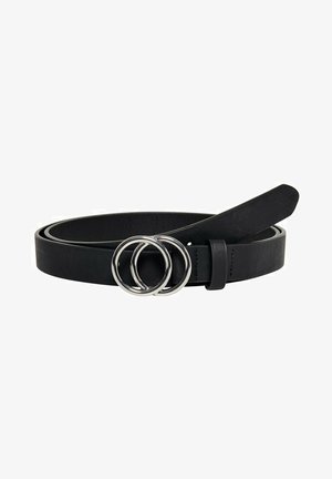 Ceinture en cuir noir avec une texture lisse, dotée d'une boucle double anneau en argent et d'un design épuré. Les extrémités se terminent légèrement en pointe.