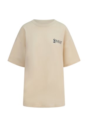 Beiges, übergroßes T-Shirt mit kurzen Ärmeln, rundem Halsausschnitt und kleinem "Ariat Wild West Raw"-Logo auf der linken Brust.