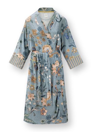 Blauwgrauwe corduroy-jas met bloemmotieven in bruin, beige en blauw, met gestreepte manchetten en een vastgebonden tailleband.