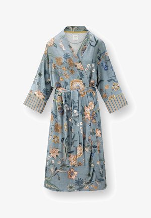 Blue-gray corduroy robe with floral patterns in brown, beige, and blue, featuring striped cuffs and a tied waist belt.