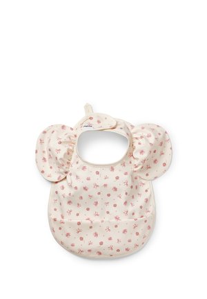 Bavaglino color crema per neonati con motivi floreali rosa e fiocchi, spalle larghe arricciate e chiusura a scatto al collo.