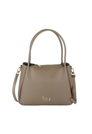 Borsa in pelle color talpa con doppio manico, tracolla rimovibile, chiusura con cerniera dorata e piccolo logo dorato al centro anteriore.