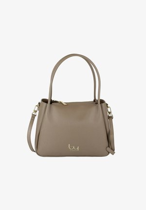 Borsa in pelle color talpa con doppio manico, tracolla rimovibile, chiusura con cerniera dorata e piccolo logo dorato al centro anteriore.