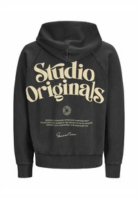 Black hoodie made of soft cotton. Features a large cream-colored text print on the front, with a drawstring hood and ribbed cuffs.