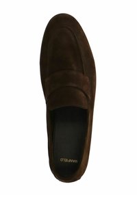 Brown suede slip-on shoe with a moccasin design, featuring a smooth texture and a raised seam detail across the toe. Gold logo inside.