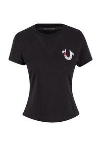 Must must tshirt lühikeste varrukatega, ümmargune kaelus, sobiva siluetiga, millel on rinnal valge ja punane tikandiga True Religion logo.