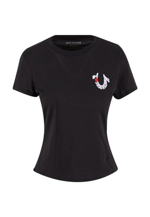 Black cotton t-shirt with short sleeves, round neckline, fitted silhouette, featuring white and red embroidered True Religion logo on chest.