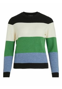 Pyöreäkauluksinen neulepaita, jossa vaakaraitoja mustana, valkoisena, vihreänä, sinisenä ja vaaleansinisenä. Valmistettu pehmeästä neulekankaasta.