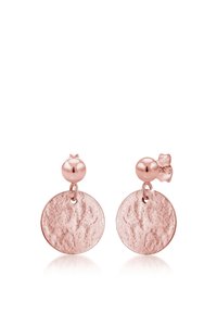 Orecchini rotondi e texture in oro rosa, caratterizzati da un supporto sferico liscio e un disco martellato appeso sotto.