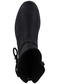 Black leather ankle boot with a rounded toe, textured surface, pull tab, and lace detail at the top. Soft interior lining visible.