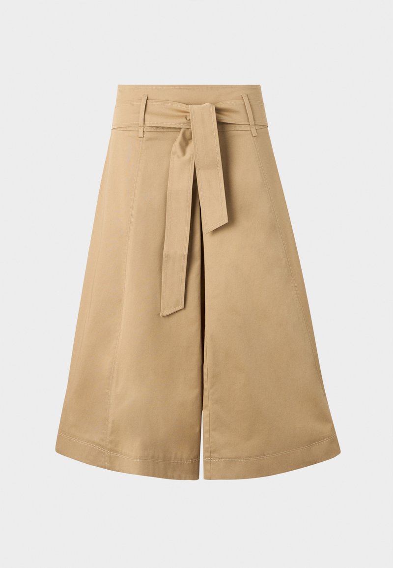 Jupe midi en khaki avec une ceinture à nouer, fabriquée en coton léger, présentant une silhouette évasée et des détails de couture visibles.
