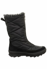 Botas de invierno negras con un upper de nylon acolchado, borde de piel sintética, cierre de cremallera y suela de goma con un dibujo texturizado para mejor agarre.