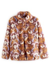 Suéter de forro suave con patrón geométrico en marrón, rosa, blanco y lavanda, con cuello alto y aberturas para bolsillos en la parte frontal.