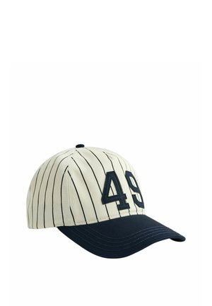Baseballkappe mit vertikalen schwarzen Nadelstreifen, navyblauem Schirm und erhabener navyblauer Zahl 49 auf dem Frontpanel.