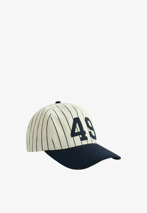 Casquette de baseball à fines rayures noires verticales, visière bleu marine et numéro 49 bleu marine en relief sur le panneau avant.