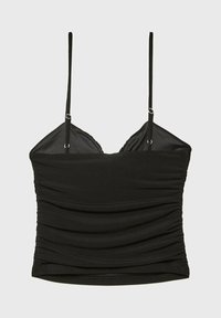 Sort, ærmeløs cami-top med justerbare stropper, der har et rynket design og en glat tekstur. Designet med en V-udskæring.