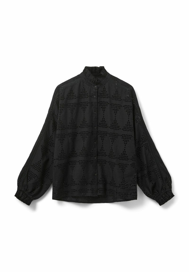 Black shirt featuring a high collar, long puffed sleeves, and geometric cut-out patterns. Fabric appears lightweight with textured detailing.