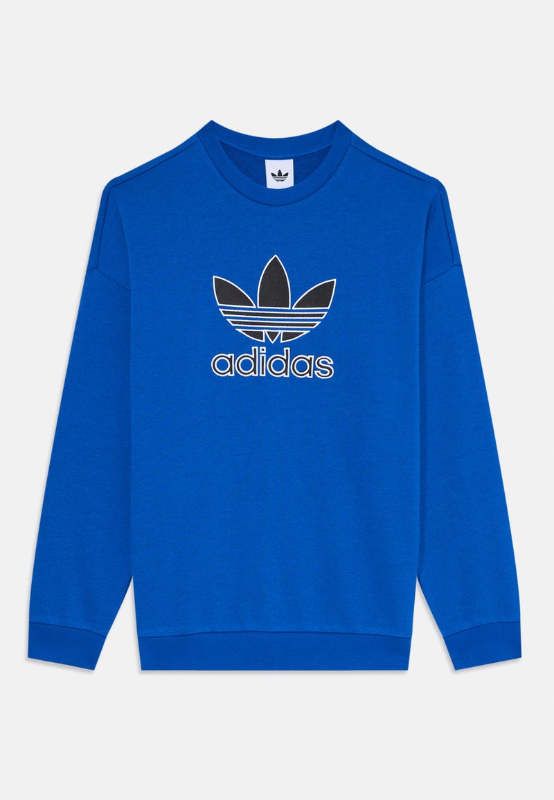 Sweatshirt azul em algodão com mangas longas. Apresenta um gráfico em preto e branco do logótipo Adidas na frente, punhos e parte inferior canelados.